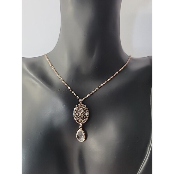 Vintage Necklace Gold Tone Chain Pendant Charm Crystal Clear Jewelry Costume - Picture 4 of 9